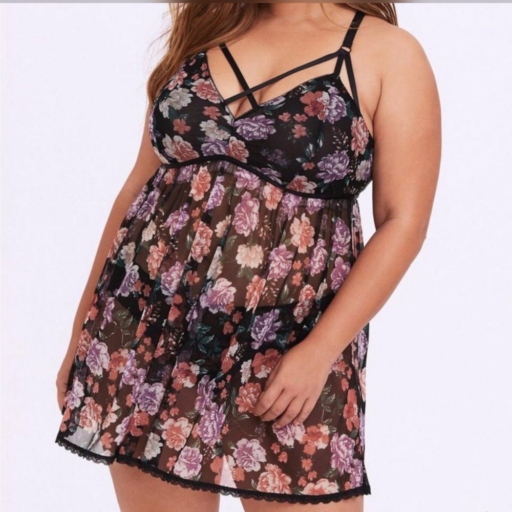 Torrid Black and Floral Mesh Babydoll